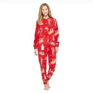 Nick & Nora Sock Monkey One Piece Fleece Pajama Suit Sz M Zip Up Red Winter Cozy